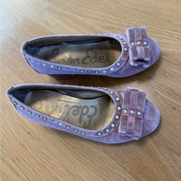 Sam Edelman Mauve Velvet Flats with Bow and Pearls kids girls shoes - Picture 11 of 14